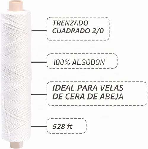 Vista 2 de Mecha de vela cuadrada de algodón #2/0, carrete de 528 pies, 100% algodón para fabricación de velas de cera de abejas