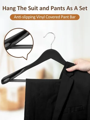 Vista 5 de AMKUFO Perchas de madera de hombro ancho, paquete de 8 perchas con barra antideslizante para pantalones, perchas de madera resistentes con acabado