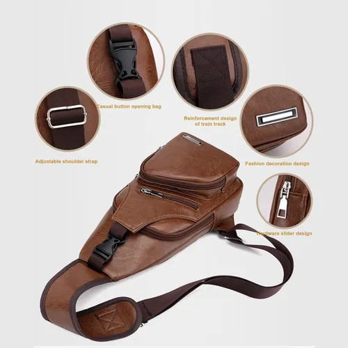 Vista 7 de Bolso bandolera de cuero para hombre, mochila cruzada de hombro con puerto de carga USB para viajes, gimnasio, deportes y senderismo, Coffee, A, A