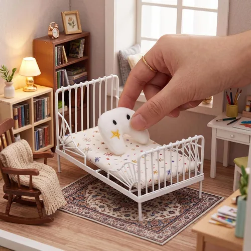 Vista 5 de Cama de metal para casa de muñecas de 1/12, almohada con patrón de estrellas, muebles en miniatura para coleccionistas, constructores de modelos