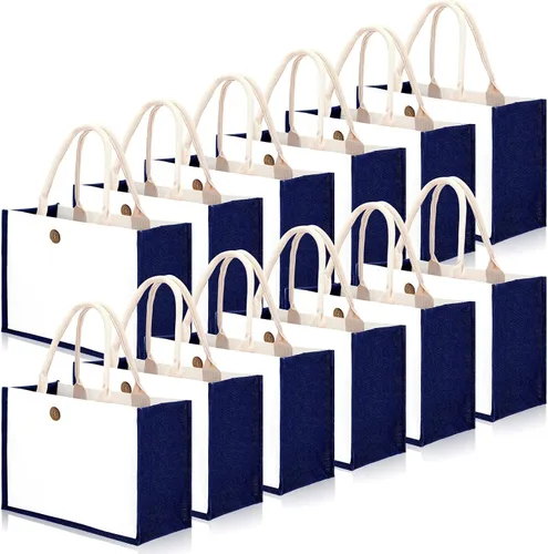 Vista 10 de 12 bolsas de yute de arpillera, bolsas de playa con asas, reutilizables, impermeables, bolsa de compras en blanco, bolsa de regalo de lona