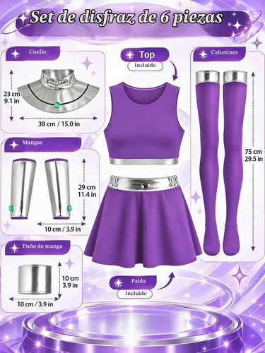 Vista 4 de Disfraz de Starfire para mujer, disfraz de Halloween para niñas, traje de superhéroe Koriandr, vestido superior, guantes, accesorios Morado