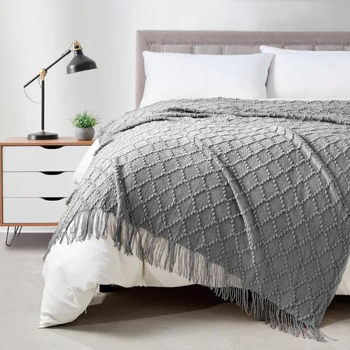 Vista 20 de Bourina Manta de punto decorativa con textura, unicolor y suave, para sofá, 50 x 60 pulgadas, almendra Knitted Throw Blanket 50x60 Inches, Soft