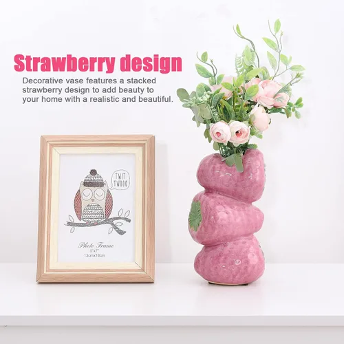 Vista 2 de Firlar Florero de cerámica con diseño de fresas para flores, decorativo, moderno, rosa, redondo, 4 x 3 x 8 pulgadas, boda, Navidad, regalo del día