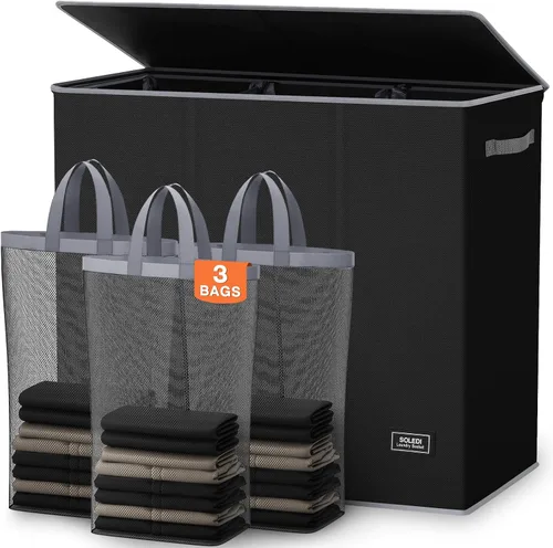 Vista 20 de SOLEDI Cesta de lavandería de 3 secciones de 180L con tapa, cesta de ropa sucia extragrande con asas resistentes para lavandería y dormitorio