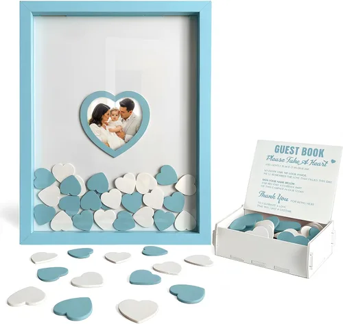 Vista 8 de Libro de invitados de boda azul alternativo para recepción con corazones de madera, un marco, decoración de libros, recuerdos para boda, ideas