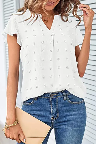 Vista 2 de ECOBURY Camisetas de manga corta para mujer, cuello en V, con ojales, estilo casual de verano