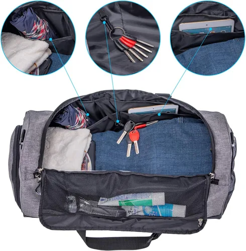 Vista 3 de Kuston Bolsa de gimnasio deportiva con compartimento para zapatos y bolsillo húmedo, bolsa de lona para gimnasio para hombres y mujeres, Gris