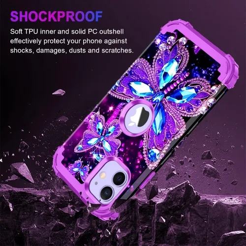 Vista 6 de Miqala Funda para iPhone 12, iPhone 12 Pro, que brilla en la oscuridad, tres capas, resistente a los golpes, protección de plástico duro + funda