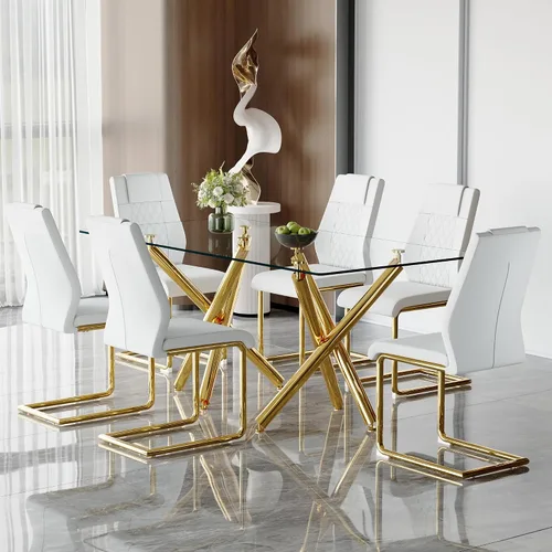 Vista 18 de Juego de mesa de comedor de cristal para 6, 71 pulgadas juego de mesa de comedor moderno para 6 7 Piece Dining Table Set, 6 White Dining Chairs