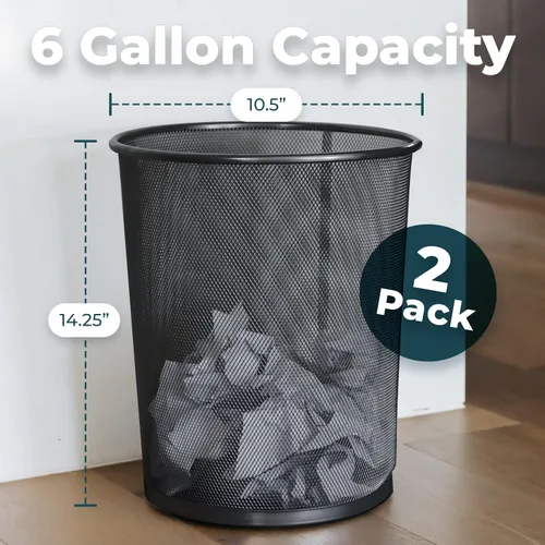 Vista 4 de Greenco Botes de basura pequeños redondos de malla negra de 6 galones para el hogar u oficina, juego de 2 Negro