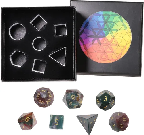 Vista 5 de mookaitedecor Juego de 7 dados poliédricos de cristal de ágata india, dados pulidos de piedras pulidas para juegos de mesa RPG MTG decoración