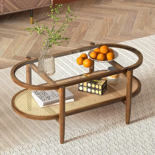 Vista 10 de Giantex Mesa de centro de ratán, mesa de té de madera ovalada de 2 niveles con mesa de vidrio templado y estante de almacenamiento de ratán de Negro