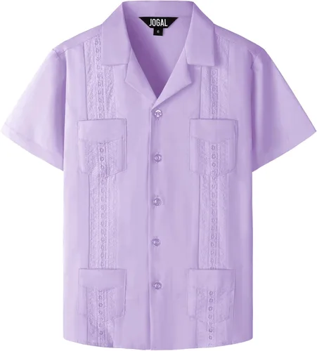 Vista 11 de JOGAL Camisas guayabera cubanas para niños de manga corta con botones, camisa casual de playa Verde militar