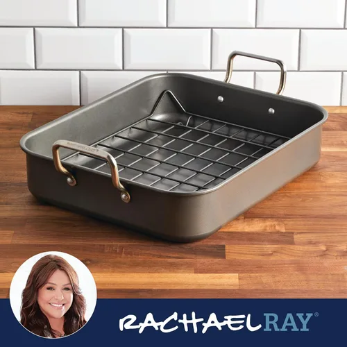Vista 10 de Rachael Ray Bakeware Asador/Bandeja para Asar Antiadherente con Rejilla Reversible, 16.5 Pulgadas x 13.5 Pulgadas, Gris