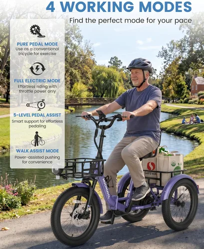 Vista 8 de MOONCOOL Electric Tricycle for Adults, 500W/750W Folding Electric Trike for Adults, 20"x3.0" Fat Tire 3 Wheel Electric Bike, Aluminum Frame