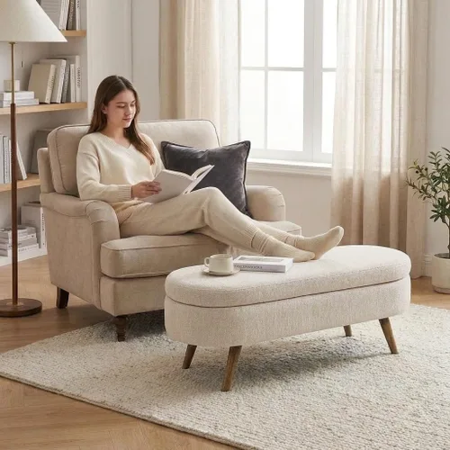 Vista 8 de 43.5” Storage Ottoman Bench，Upholstered Oval End of Bed Bench for Bedroom Beige