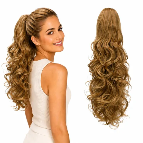 Vista 31 de CAISHA Extensiones de cola de caballo de 18 pulgadas, voluminosas, onduladas, marrón ceniza, mezcla de rubio claro PH35