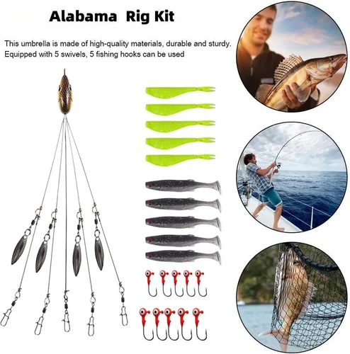 Vista 4 de Alabama Rig Kit de 5 brazos Alabama Umbrella Rig Bass Fishing Kit un aparejo de pesca señuelos de pesca con cola de paleta preaparejada Swimbaits