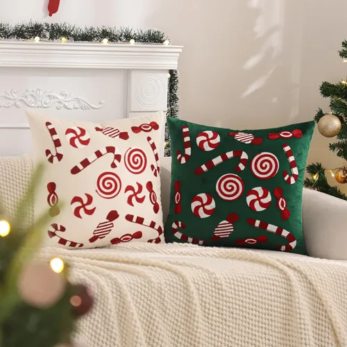 Vista 8 de Funda para almohadón navideño 18 x 18 pulgadas, juego de 2, funda de almohada de terciopelo beige con bastón de caramelo, funda para almohadón