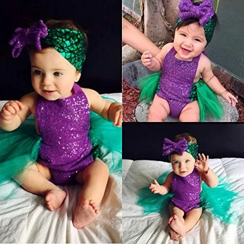 Vista 2 de Mameluco de lentejuelas para bebé niña vestido de sirena disfraz de fiesta recién nacida body brillante con diadema