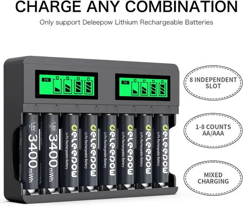 Vista 6 de Deleepow 8 pilas AA recargables de 3400 mWh con cargador, baterías de litio de 1.5 V AA de 1500 ciclos precargados