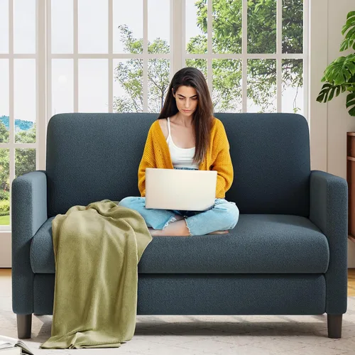Vista 23 de Welzona Loveseat, 51" Small L Shaped Couch, Comfy Teddy Love Seat with Ottoman Set, Tool-Free Setup Loveseat Sofa with Ottoman, All-Wood Small Sofa