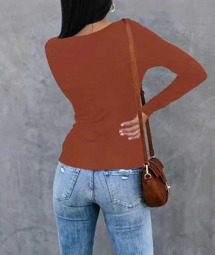 Vista 5 de REVETRO Camisetas de cuello redondo para mujer, manga larga, ajustadas, para invierno, básicas