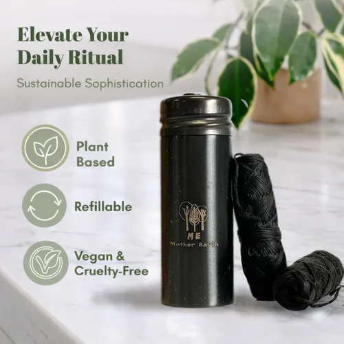 Vista 6 de Hilo dental de carbón de bambú biodegradable vegano con recipiente de acero inoxidable negro recargable, 98.4 ft x 2 pulgadas, hilo dental extra