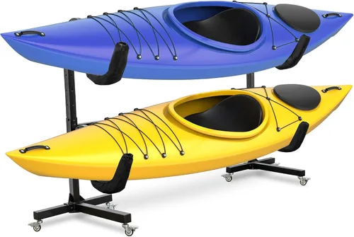 Vista 8 de RaxGo - Estante de almacenamiento independiente para kayak, almacenamiento resistente para dos kayaks, SUP, canoa y tabla de remo para interiores