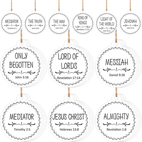 Vista 9 de Jetec 48 Piezas Adornos con Nombres de Jesús Cristo Adornos de Navidad Juego de Belén Adorno Redondo de Madera para Navidad Adorno Colgante