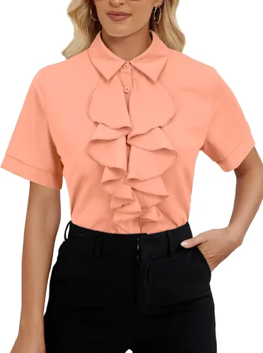 Vista 8 de Vrtige Women's Ruffle Front Collar Neck Button Down Short Sleeve Blouse Shirt Top