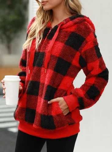 Vista 3 de Nirovien - Sudadera con capucha para mujer, sherpa, sin botones, de gran tamaño, mullida, de vellón doble, abrigada, suave, a cuadros