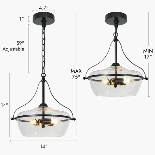 Vista 7 de ZEVNI Candelabro negro de 3 luces, lámpara moderna de mediados de siglo, lámpara colgante de cristal de campana grande para comedor, 14 pulgadas