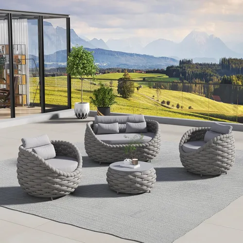 Vista 4 de Juego de 4 piezas de sofá de aluminio para exteriores e interiores, juego de muebles de patio moderno con cojín suave y mesa auxiliar para balcón