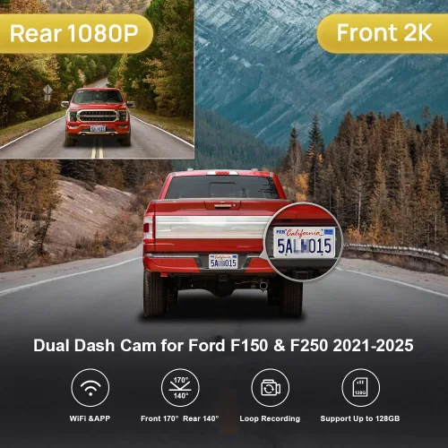 Vista 3 de Fitcamx Cámara de Salpicadero Frontal 2K Trasera 1080P para Ford F150 F250 Limitado XLT XL Raptor Lariat Platinum King Ranch Tremor 2021-2025