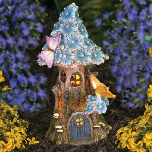 Vista 2 de Bits and Pieces - Casa de hadas de mariposas solares y margaritas azules - Decoración única de césped y jardín
