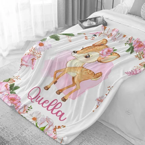 Vista 3 de Manta de bebé personalizada con ciervos florales, manta personalizada de ciervos con nombre para bebé, manta de recepción personalizada de ciervos