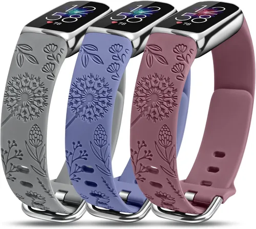 Vista 8 de Paquete de 3 correas compatibles con Fitbit Luxe para mujer, de silicona suave, con grabado floral, correa deportiva de diente de león, repuesto