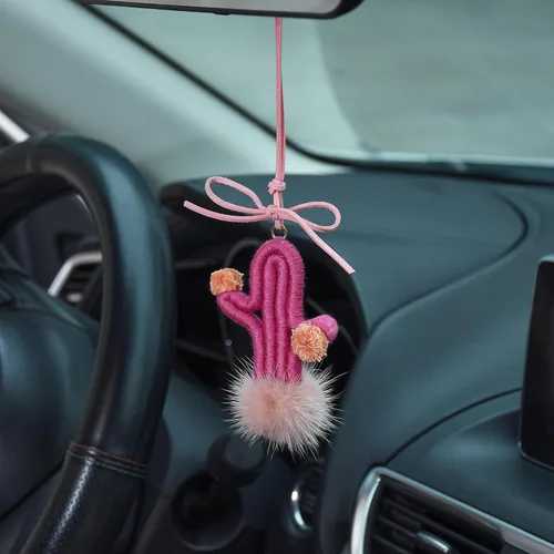 Vista 17 de Colgante de cactus de ganchillo para espejo retrovisor de automóvil, plantas peludas, adorno colgante para decoración del interior del automóvil