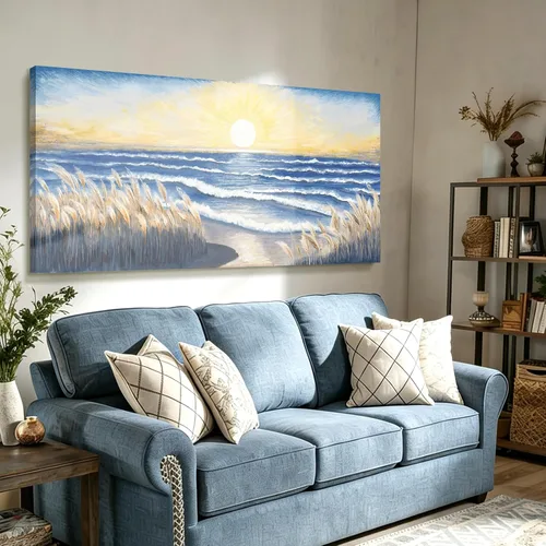 Vista 12 de Arte de pared para decoración de baño, imagen de playa azul, tema oceánico, impresión en lienzo de flores, pintura moderna de paisaje marino