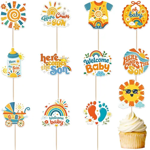 Vista 9 de 36 piezas de decoración para cupcakes de sol de doble cara con diseño de flores y sonrisas, decoración de cupcakes SunShine para temática de sol