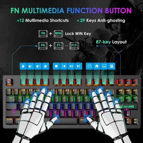 Vista 5 de LexonElec K2 - Teclado mecánico para juegos, interruptor azul, mini 82 teclas con cable con retroiluminación LED arcoíris, mouse ligero