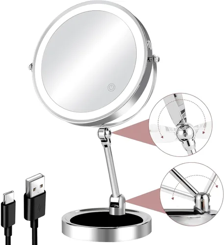Vista 10 de 8" Makeup Mirror with Lights, 1X/10X Lighted Vanity Mirror with Magnification, 3 Color Adjustable Brightness, 360° Rotating Dual-Side, USB