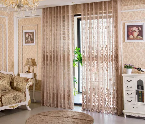 Vista 4 de Lujosas cortinas transparentes de encaje jacquard con bolsillo para cortinero, para sala de estar, dormitorio, balcón