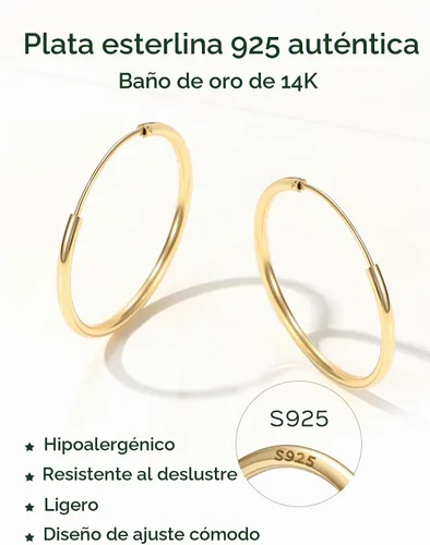 Vista 5 de ChicSilver Aretes de aro de plata de ley para mujer, aros de plata de ley 14k dorado