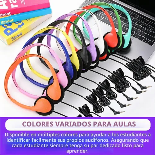 Vista 8 de Paquete de 10 auriculares para niños a granel para el aula escolar, auriculares multicolor con cable para estudiantes, auriculares ajustables