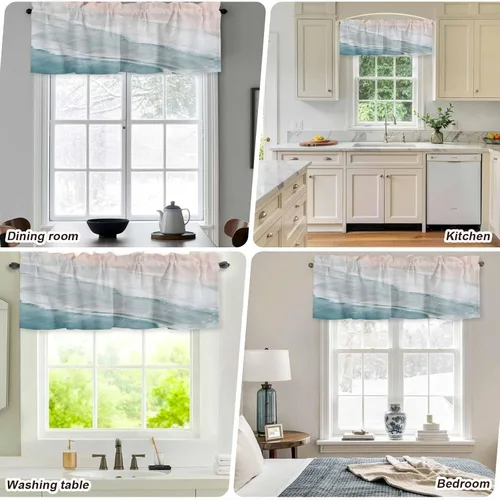 Vista 4 de Cenefas de verano para cocina, cafetería, acuarela azul océano playa, cenefa corta de 42 x 12 pulgadas, bolsillo para barra, cortinas de tratamiento