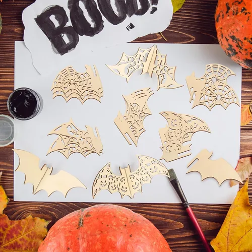 Vista 6 de COCHIE Bricolaje 3D de murciélagos de Halloween para pintar, rebanadas de madera sin terminar pintables para manualidades, recortes de murciélagos
