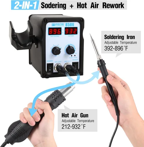 Vista 2 de FEITA 8586 SMD Estación de retrabajo de aire caliente 2 en 1 Soldador digital y pistola de aire térmico con 5 puntas de soldadura, 1 ventosa